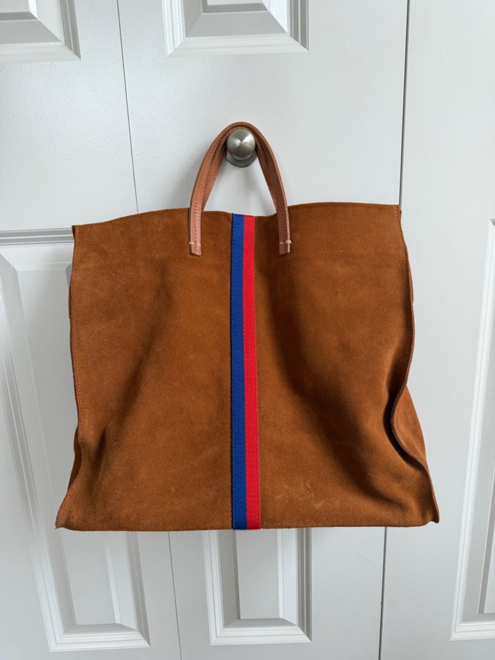 Clare V Brown Suede Tote Bag with Red & Blue Stripe - Men